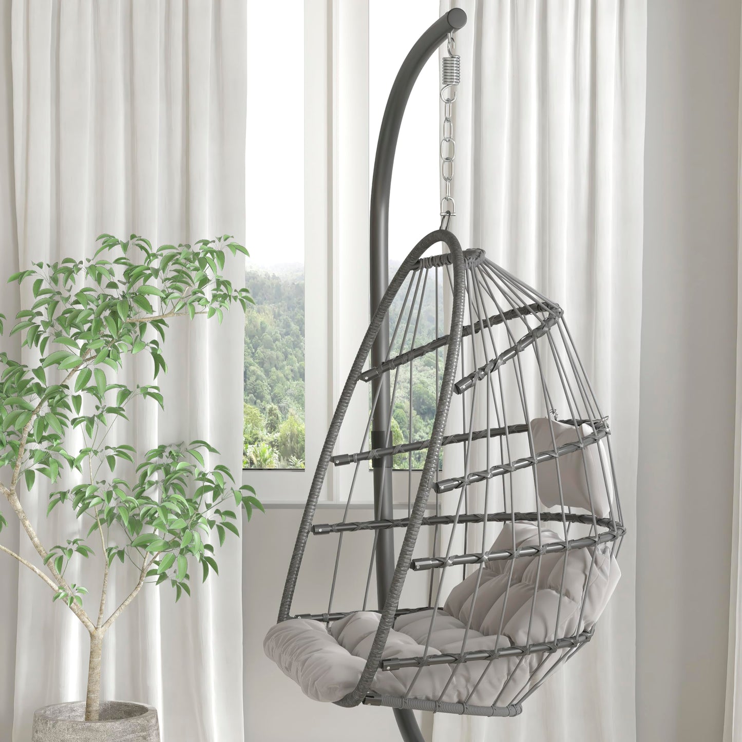 Flash Furniture Cleo Indoor/Outdoor Patio Hanging Egg Chair - Gray Frame with Gray Seat Cushions - Black Powder Coated C-Style Stand - Hanging Hardware Included