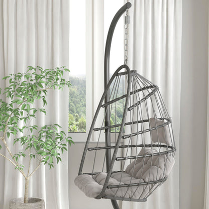 Flash Furniture Cleo Indoor/Outdoor Patio Hanging Egg Chair - Gray Frame with Gray Seat Cushions - Black Powder Coated C-Style Stand - Hanging Hardware Included