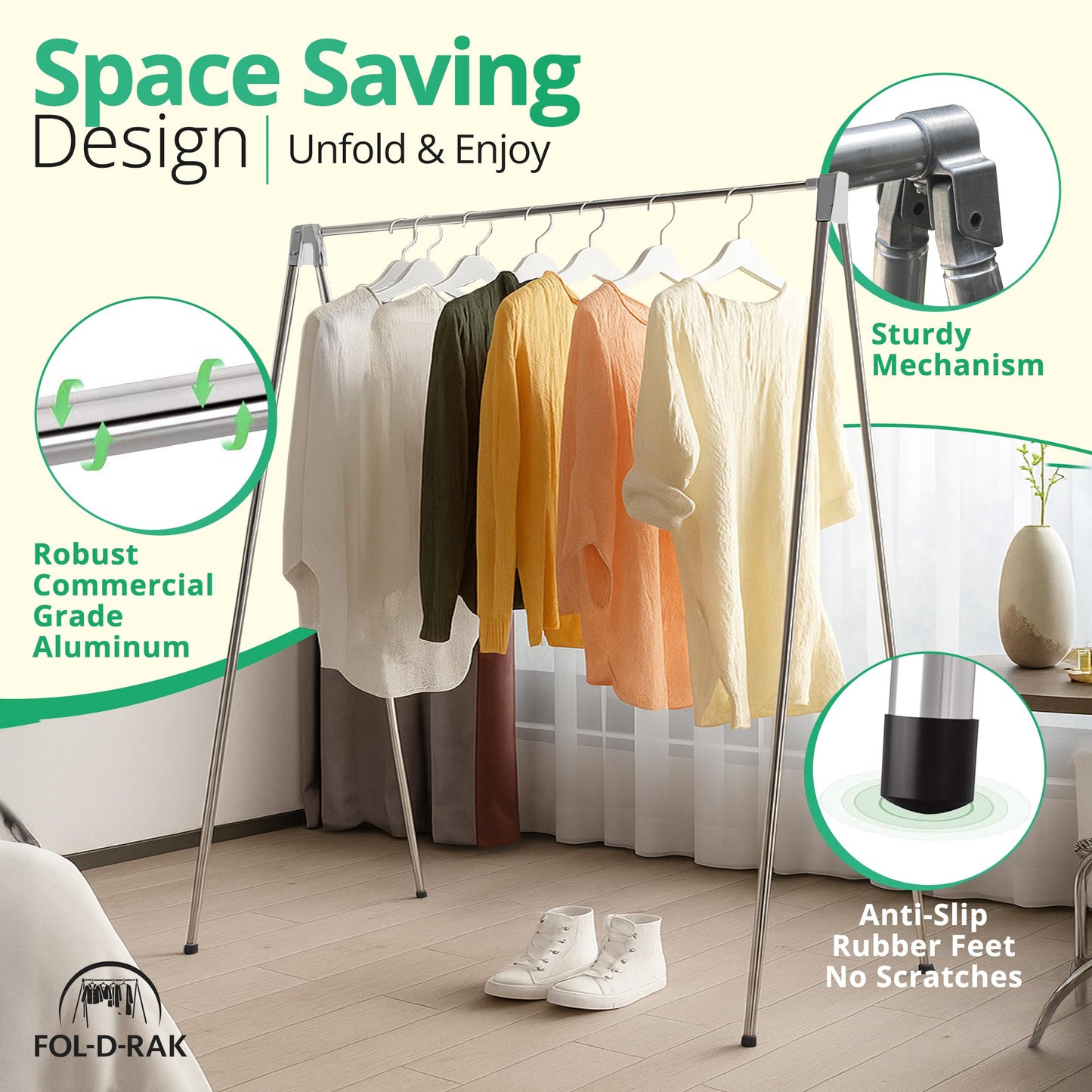 FOL-D-RAK Portable Clothing Rack, Folding Garment Rack with Carry Bag-no Assembly, lightweight 4 LB. Aluminum, 60 LB. Capacity-Travel, Closet, Retail, Trade Show, Dance Recital