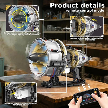 BrixVibe Aircraft Engine Building Set That Works Mini Turbojet Model Kit Technic with APP Control Light &amp Motor Collectible Mechanical Engineering for Boys 14+ Adults