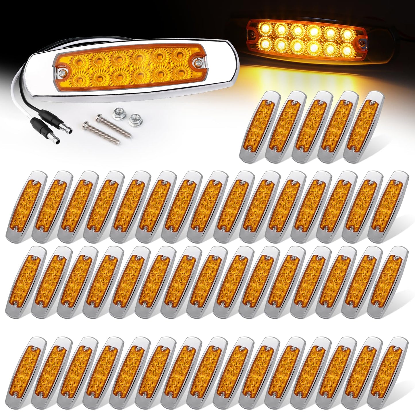 Ledvillage 50 Pack Amber LED Side Marker Lights with 2-Wire Plug 12LED Waterproof Clearance Fender Lamp for Trailer Truck RV SUV Surface Mount with Screws 12V DC