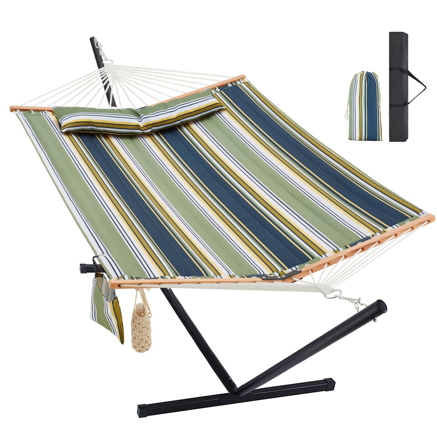 Homgava Two Person Hammock with Stand for Outside Heavy Duty, Outdoor Patio Hammock with Portable Steel Stand, Large Double Hammocks,480lbs Capacity.(Grey Stripes)