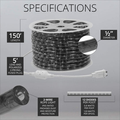 Wintergreen Lighting 150ft 1800 LED Heavy Duty Rope Light Spool, 120V ETL Indoor Rope Lights Plugin Outdoor Tube Lights ½ Inch, Accessories and Mounting Clips Included, Warm White
