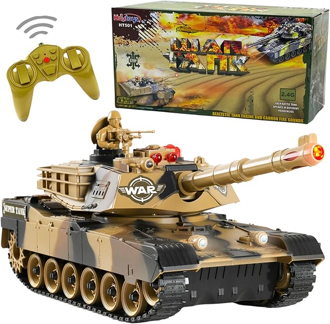 Haktoys RC Battle Tank – 1:24 Scale Remote Control Military Toy with Infrared Shooting Rotating Turret Realistic Lights &amp Sounds | Radio Control Army Tank for Kids &amp Adults