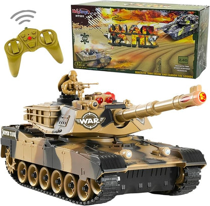 Haktoys RC Battle Tank – 1:24 Scale Remote Control Military Toy with Infrared Shooting Rotating Turret Realistic Lights &amp Sounds | Radio Control Army Tank for Kids &amp Adults