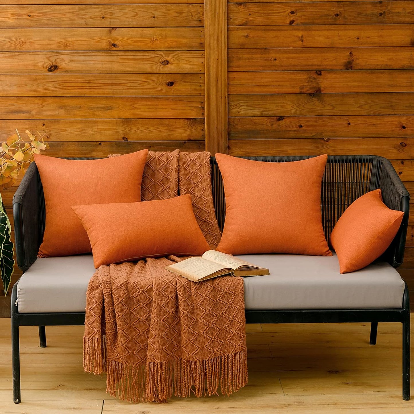 MIULEE Decorative Outdoor Throw Pillow Covers - Waterproof Faux Linen Cushion Cases | 26x26 Inch Orange, Set of 2