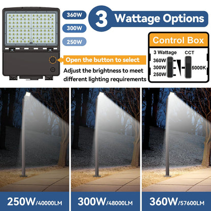 360W LED Parking Lot Light 2Pack: 250/300/360W Selectable, 57600LM 5000K LED Shoebox Light with Photocell, Arm Mount Flood Light, Commercial Outdoor Area Lighting for Driveway Stadium Roadways, ETL