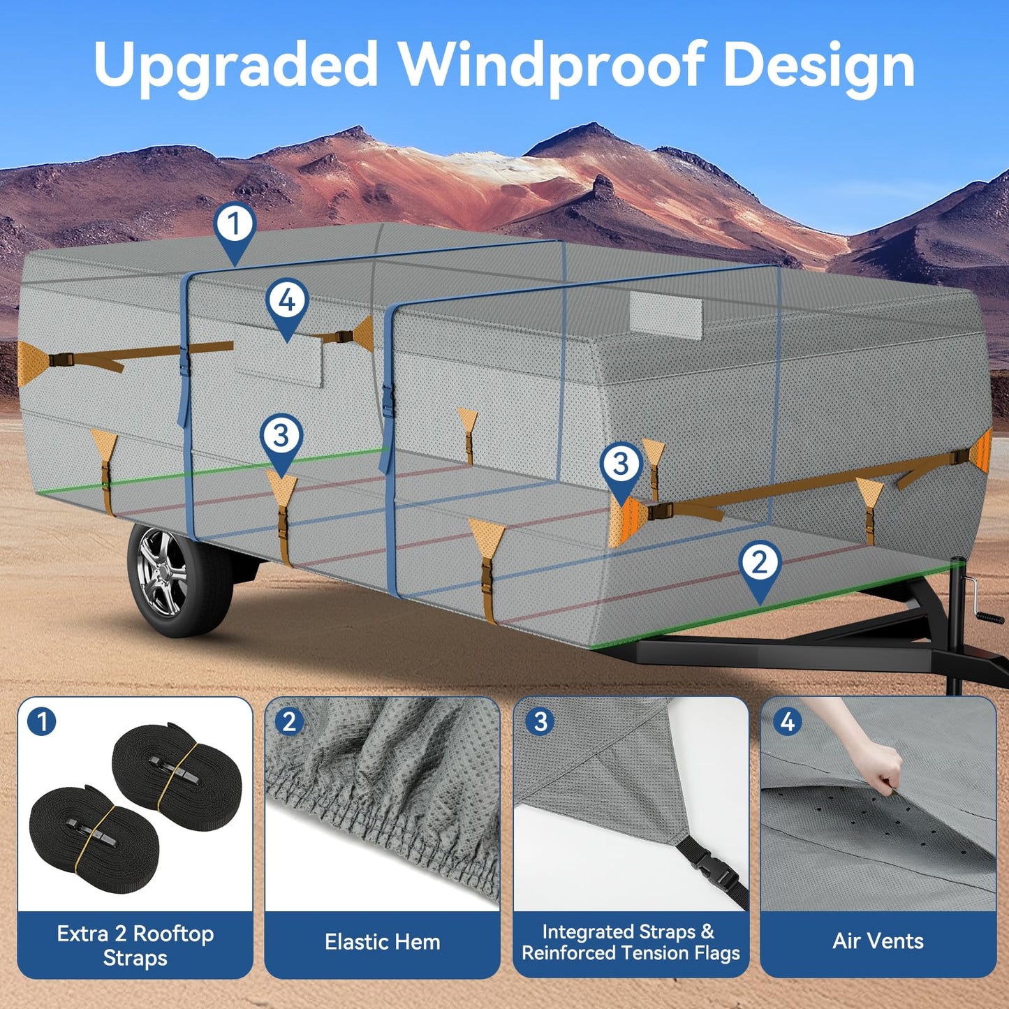Tuszom 7 Layers Pop Up Camper Cover, Waterproof Folding Camping Trailer Cover for Winter Snow Upgraded Tearproof RV Cover with Windproof 5+2 Straps (7 Layers Non-Woven Fabric, 14'-16' Length), Gray