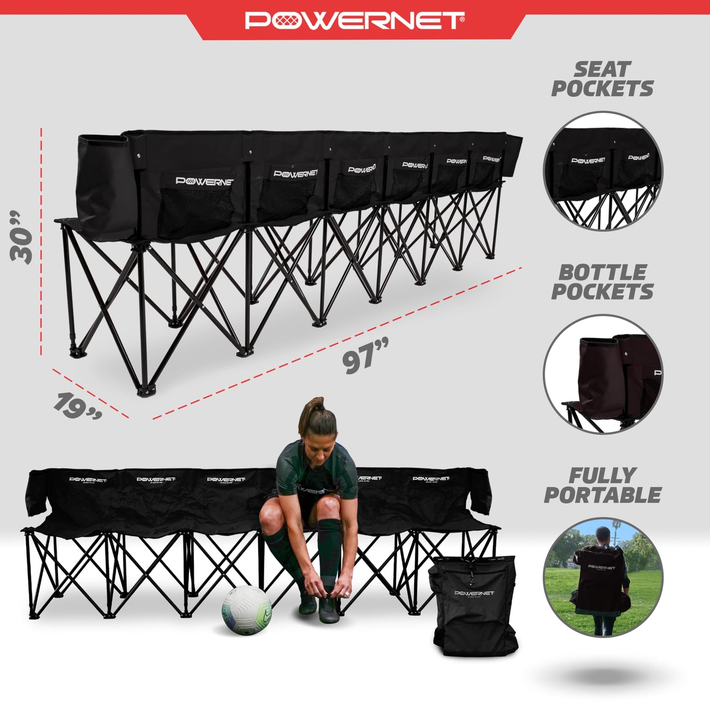 PowerNet 6 Seater Team Bench Folding Chair, Portable Chair for Soccer Basketball Football Teams, Foldable Bench with Backpack Style Carry Bag (Black)