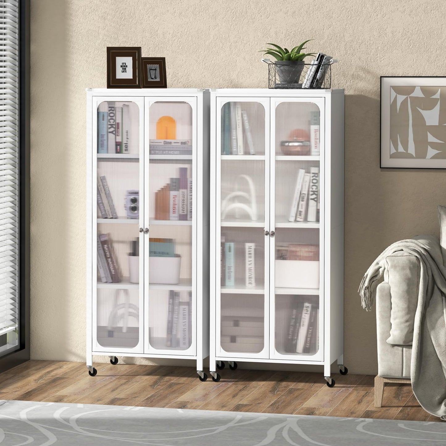 Giantex Bookcase with Doors, 58" Tall 4-Tier Bookshelf with Wheels, Adjustable Shelves, Heavy Duty Metal Frame, Freestanding Display Storage Cabinet for Living Room Bedroom Kitchen Pantry (White)