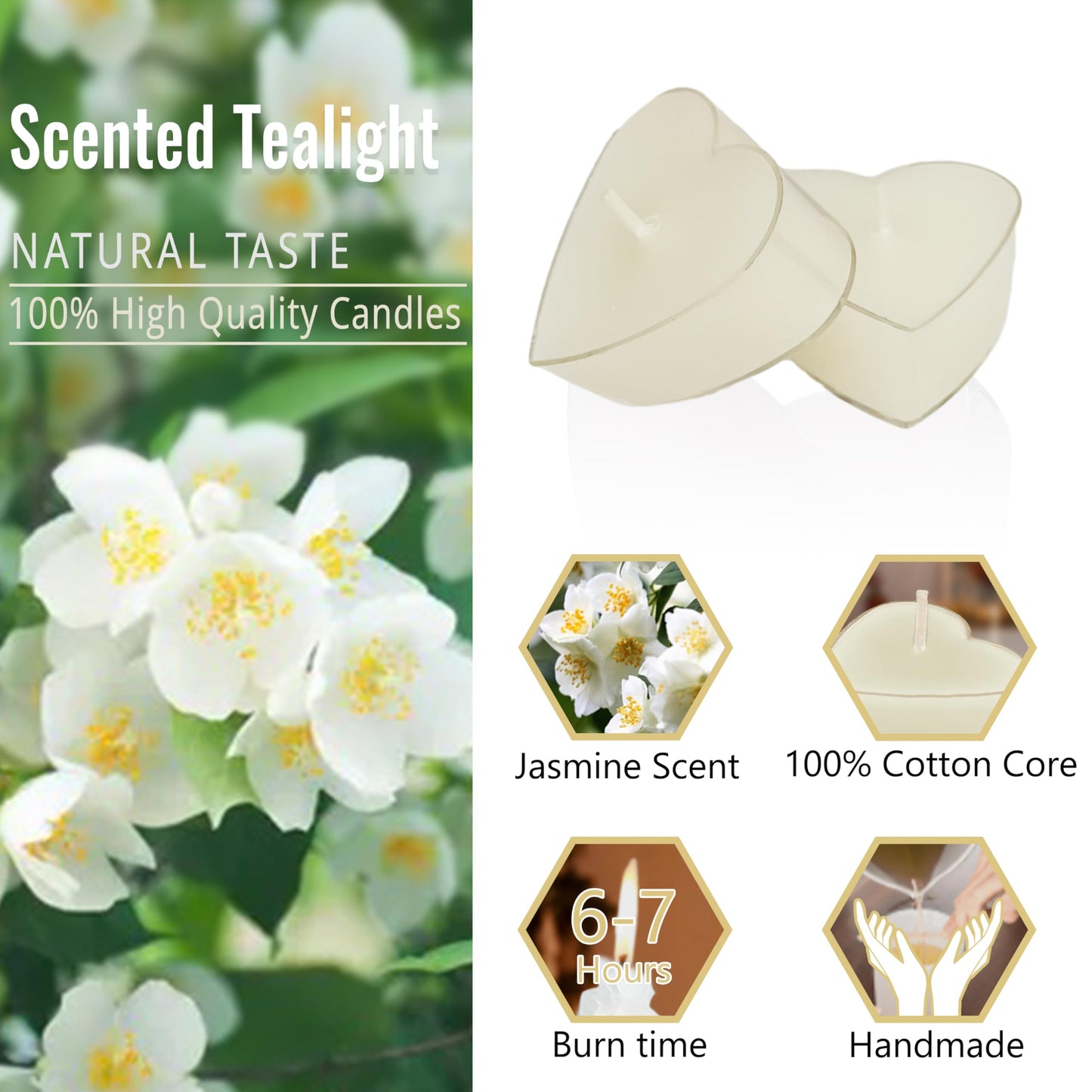 Tea Lights Ivory Heart Tea Candles Set of 24 – Tealight Candles with Jasmine Scent, Long Burning Handmade Tealights for Wedding Meditation Home Decor Gift