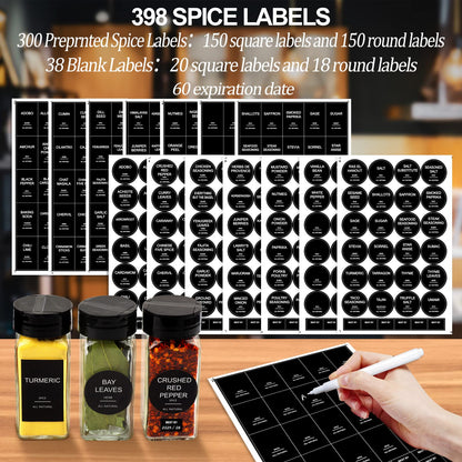 AISIPRIN 24 Pcs Glass Spice Jars with 398 Labels, 4oz Empty Square Spice Containers Seasoning Bottles - Shaker Lids, Funnel, Brush and Marker Included(Black Metal Caps)