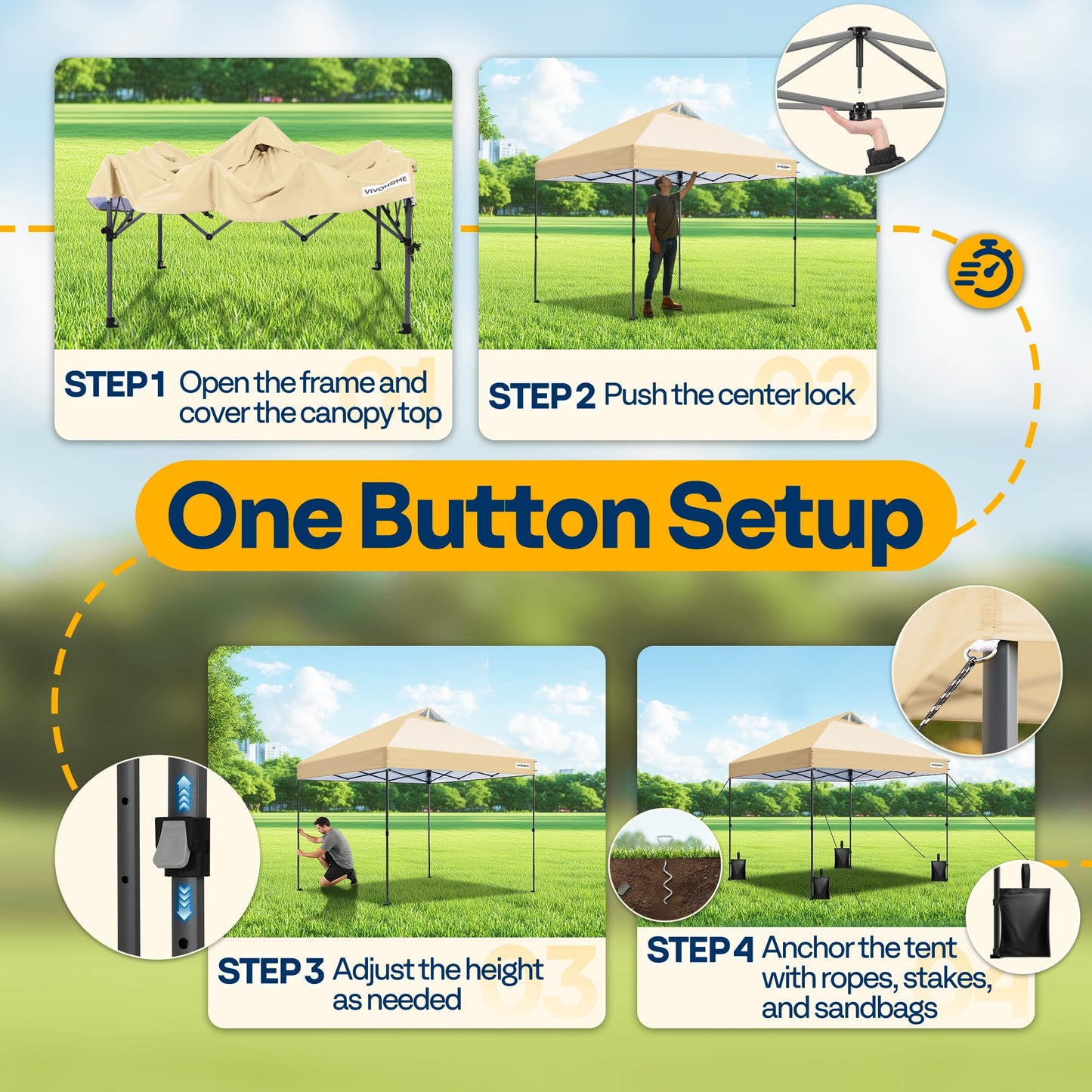 VIVOHOME 10x10ft Pop Up Canopy Tent One Push Setup Outdoor Portable Shelter Tent Heavy Duty with Wheel Carry Bag and 4 Sandbags, Beige