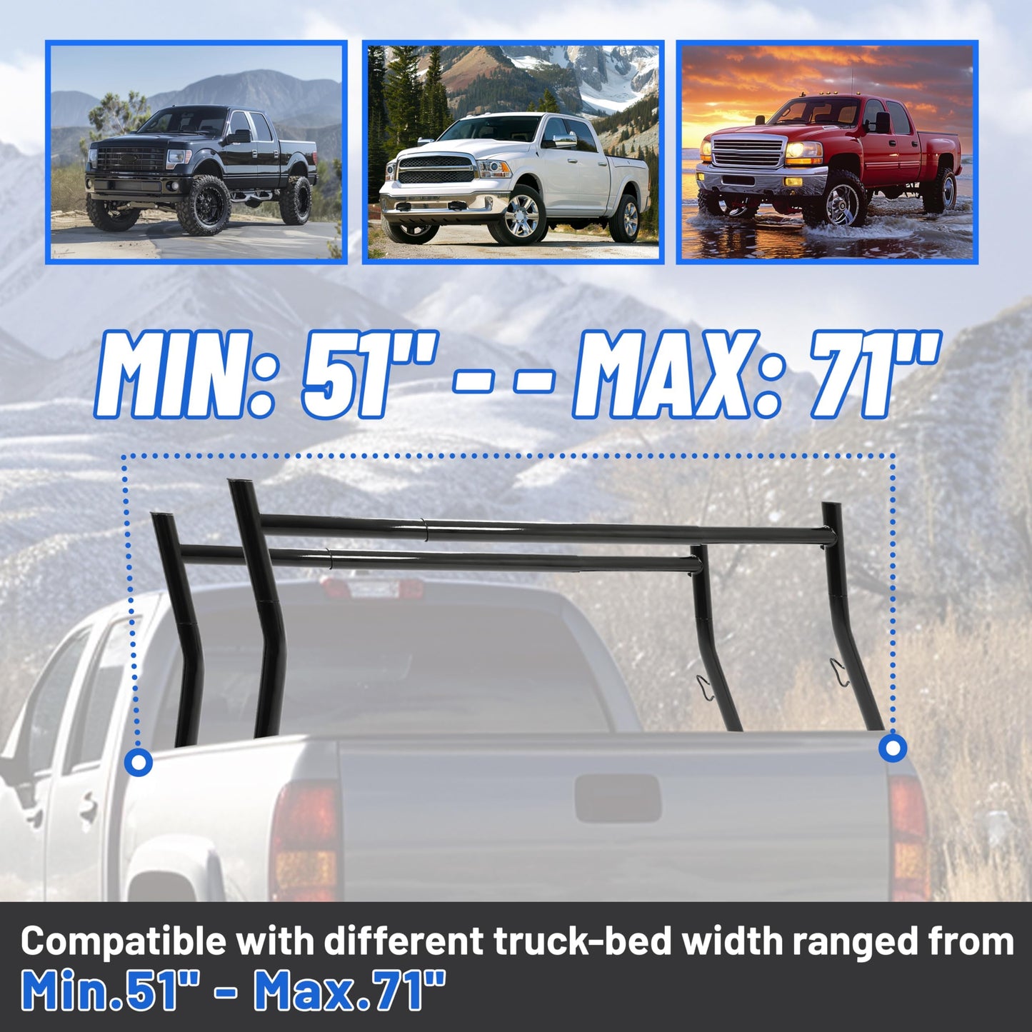 KUAFU Extendable Truck Rack Heavy Duty Steel Truck Bed Ladder Rack Compatible with Truck-Bed Width Ranged from Min.51 - Max.71,800Ibs Capacity Cargo Rack Kayak Surfboard Lumber Rack Two-bar Set