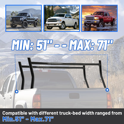 KUAFU Extendable Truck Rack Heavy Duty Steel Truck Bed Ladder Rack Compatible with Truck-Bed Width Ranged from Min.51 - Max.71,800Ibs Capacity Cargo Rack Kayak Surfboard Lumber Rack Two-bar Set