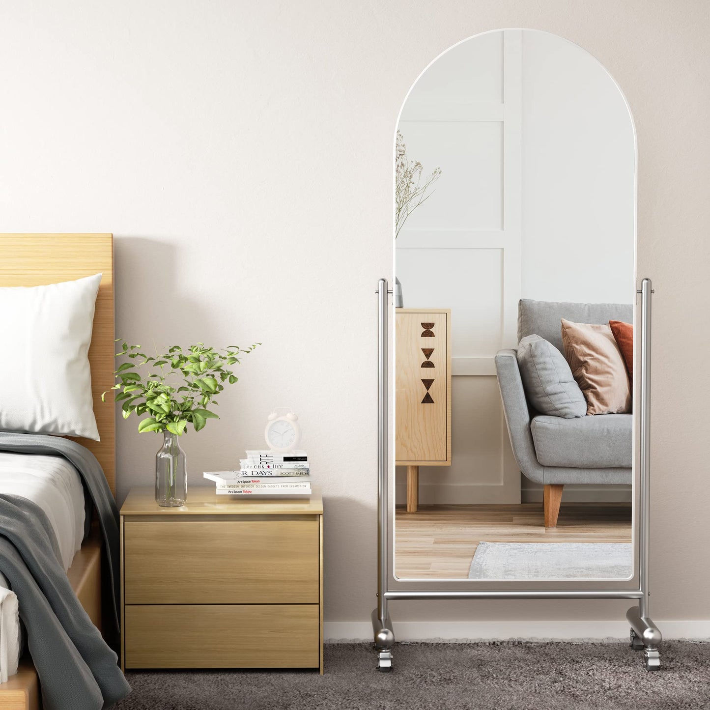 AISUNDY Arched Mobile Full Length Floor Mirror on Rolling Wheels, 65" Lx23 W Large Modern Tilting Swivel Mirror with Stainless Steel Frame, Silver, Use for Dressing,Dancing,Fitness,Gym Exercise