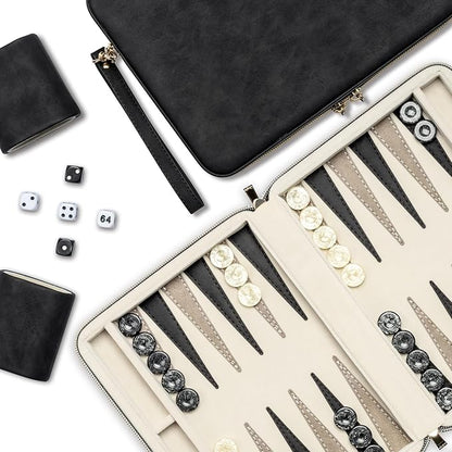 Backgammon Sets for Adults Classic Board Game with Folding Faux Leather Backgammon Case Portable Travel Backgammon Game Set (Black)