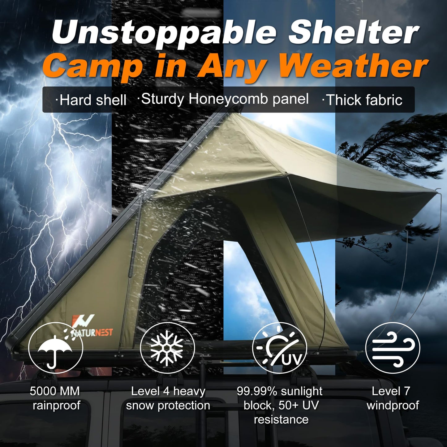 Naturnest Ultra Light Slim Rooftop Tent Hard Shell, Pop Up Tent with Self-Inflating Mattress for 2 Person Camping, Waterproof 4 Season Tents for Truck, Jeep, SUV, Van, Trailer - Polaris Lite