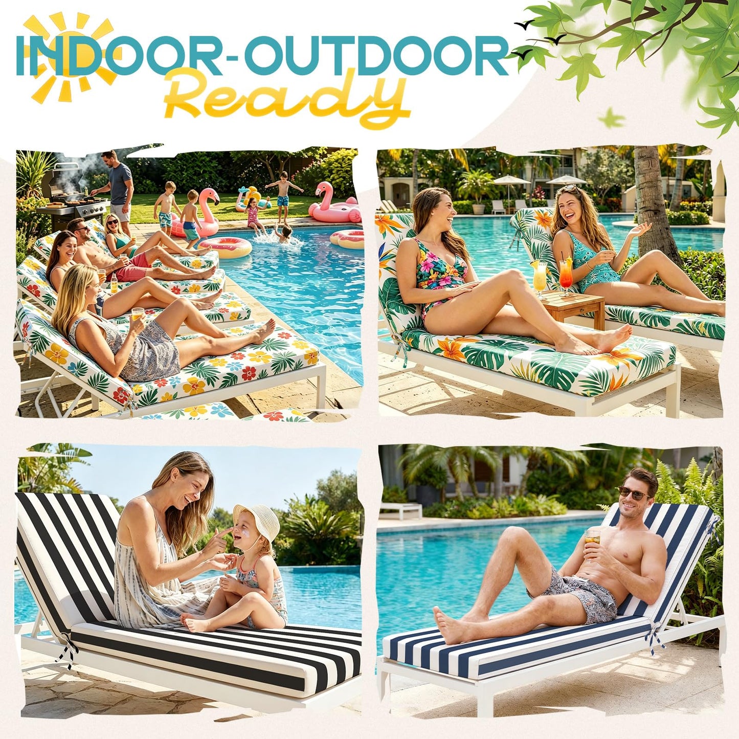 Folding Long Bench Cushion – Outdoor Cushioned Foam Pad for Pool, Patio, Beach, Lawn & Camping | Thick Padding, Lightweight & Easy to Store | Versatile Lounge Mat (2, Blue White Stripe（72X21X3in）)