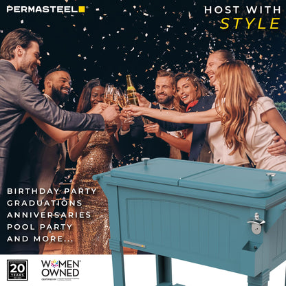 Permasteel Party Cooler with Divider, Spacious 80-Qt Capacity, Chills 36hrs, Serving Tray, Rolling Ice Chest for Indoor and Outdoor Entertainment, Matte Teal