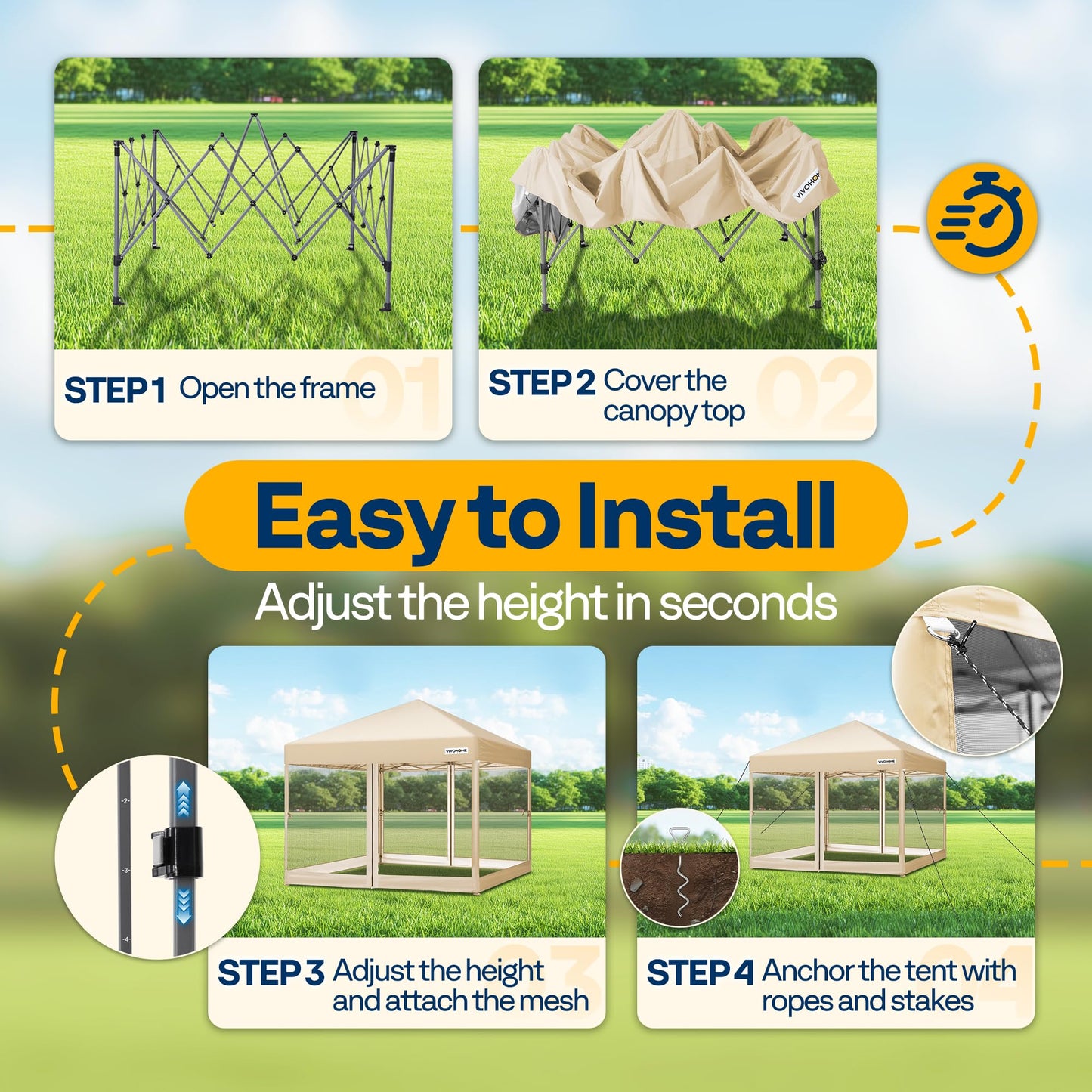 VIVOHOME 10x10ft Easy Pop-Up Canopy, Outdoor Screen Tent with Mosquito Netting, 2 Zipper Doors, and Roller Bag for Yard Camping Picnic Party Events, Beige