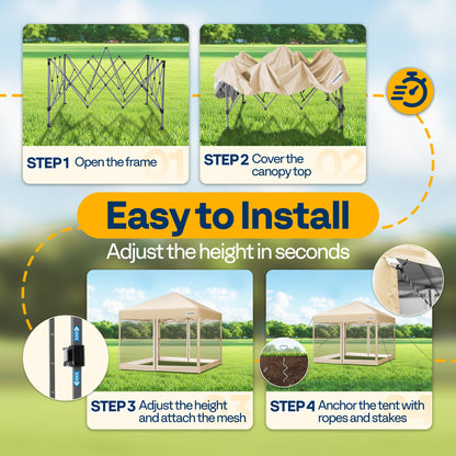 VIVOHOME 10x10ft Easy Pop-Up Canopy, Outdoor Screen Tent with Mosquito Netting, 2 Zipper Doors, and Roller Bag for Yard Camping Picnic Party Events, Beige
