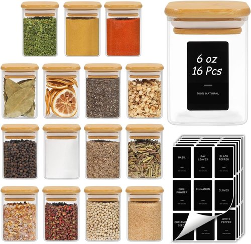 ComSaf 16-Piece Spice Jar Set - Airtight Glass Containers with Bamboo Lids & Labels | 6oz Square Jars