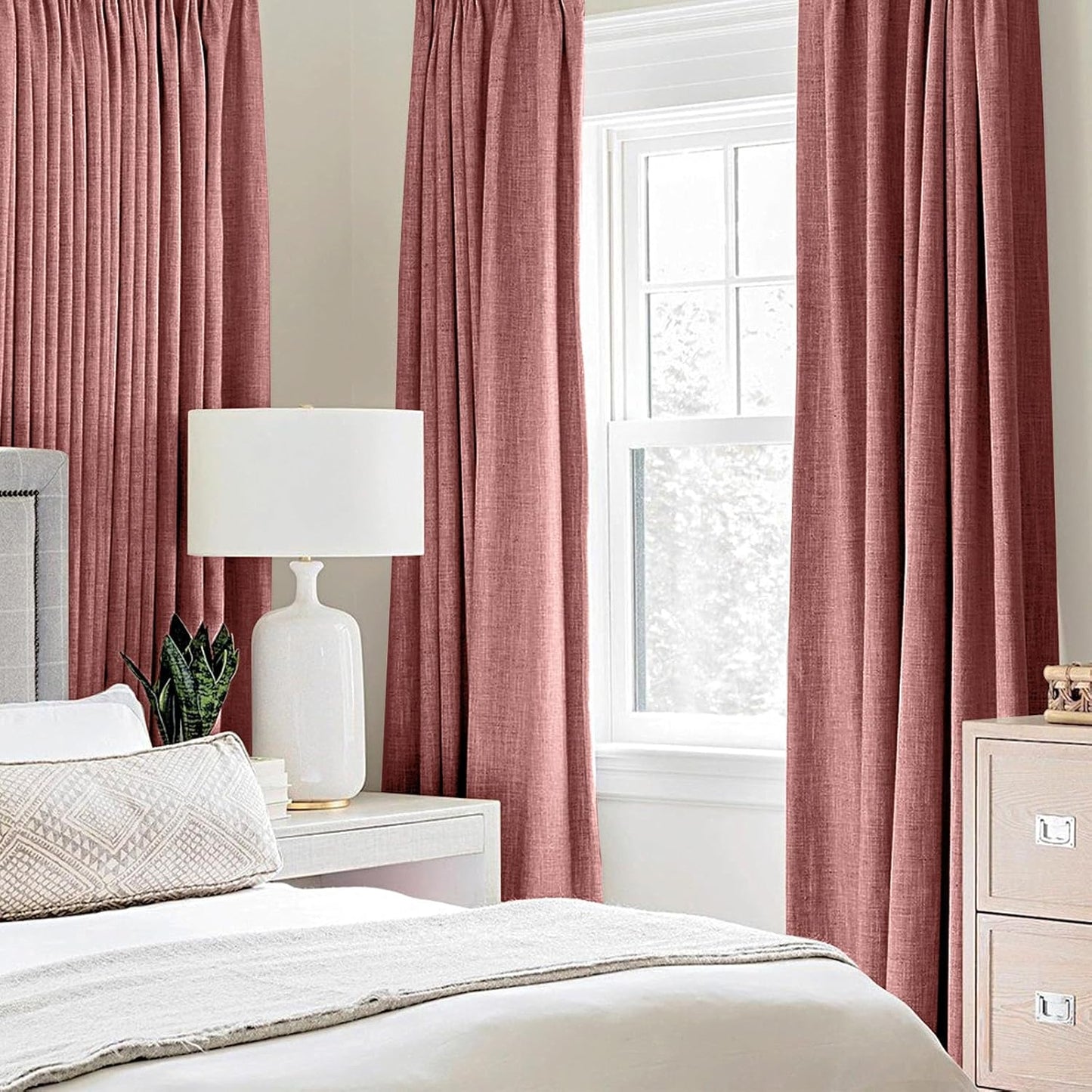 MIULEE 100% Blackout Linen Textured Curtains - Thermal Insulated Dusty Rose Drapes | 52 x 54 Inch (2 Panels)