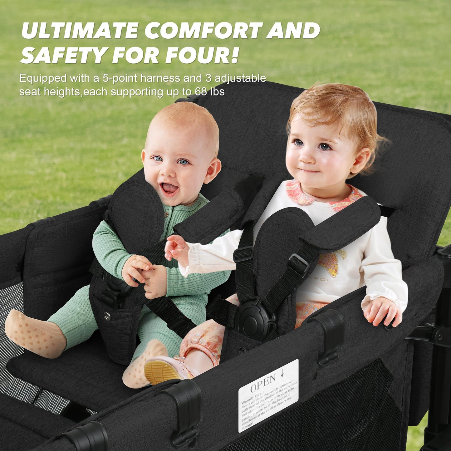 VOOI Stroller Wagon 4 Seater, Wagon for Kids, Collapsible W4 Stroller with Seats with 5-Point Harnesses, Easy Access Zipper Door, and Removable Sun Canopy (Black, W4-Large)