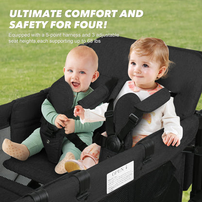 VOOI Stroller Wagon 4 Seater, Wagon for Kids, Collapsible W4 Stroller with Seats with 5-Point Harnesses, Easy Access Zipper Door, and Removable Sun Canopy (Black, W4-Large)