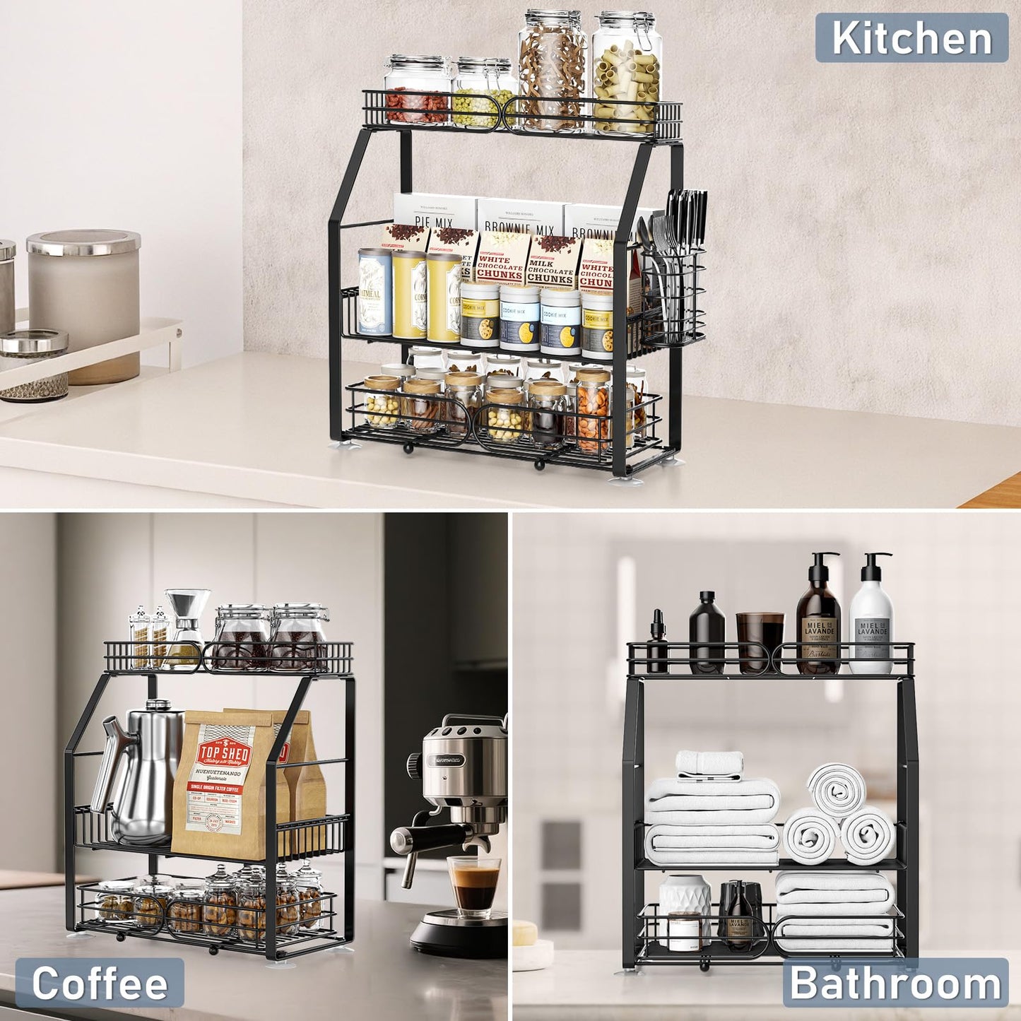 PXYHMUS Spice Rack Organizer for Cabinet, 3 Tier Black Countertop Organizer Small Spice Rack, Kitchen Spice Shelf Organizer for Cabinet, Pantry, Bathroom, Bedroom, Coffee Station
