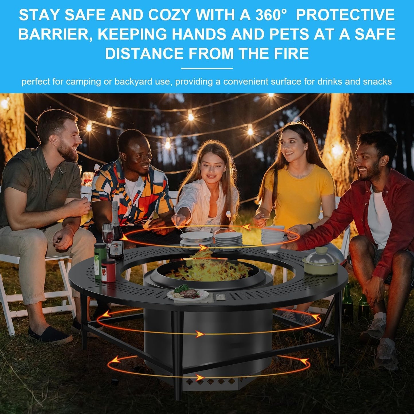 LS'BABQ 40" Fire Pit Surround Tabletop with Waterproof Cover for Solo Stove Bonfire & Ranger, Round Outdoor Fire Pit Table for Most Wood-Burning Stoves Under 22" Dia for Camping, Powder-Coated Steel