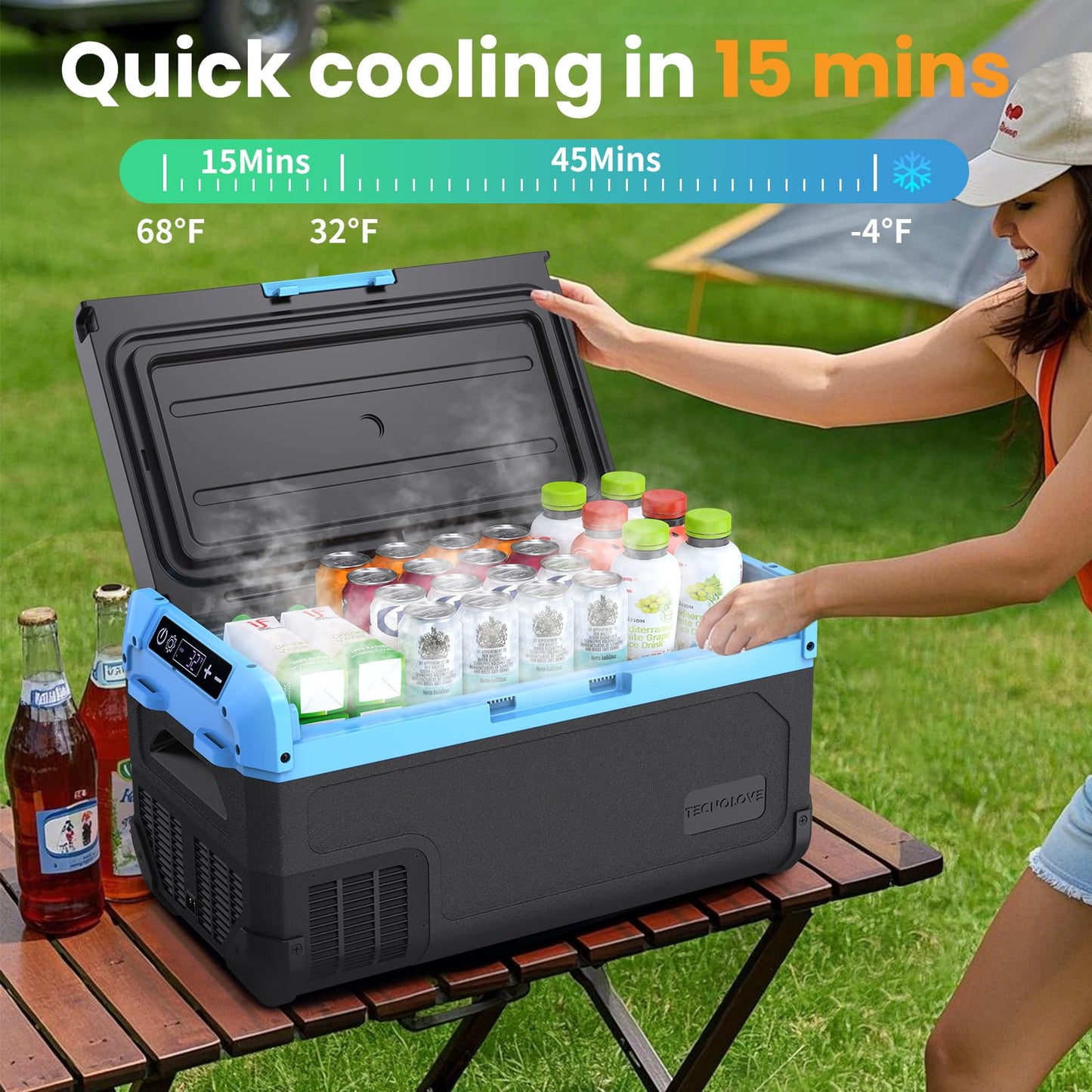 Tecnolove 30L Car Refrigerator Freezer, 32QT Single Zone Portable Fridge with Blow Expansion Evaporator, Reversible Door, LED Control, Fast Cooling, 100–240V AC / 12V / 24V DC, -4℉~68℉, Ice Blue