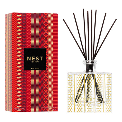 NEST New York Reed Diffuser, Holiday - 5.9 fl oz - Fragrance for Up to 90 Days - Reusable, Refillable Glass Holder - Includes 8 All-Natural Reed Sticks - Flame Free