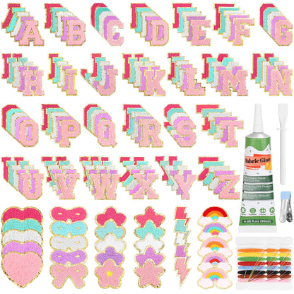 Mckanti 160 Pcs Chenille Patches and Fabric Glue for DIY Clothing, Include 130 A-Z Letter Patches, 30 Cute Patches and 1 Fabric Glue for Clothes, Backpacks, Bags