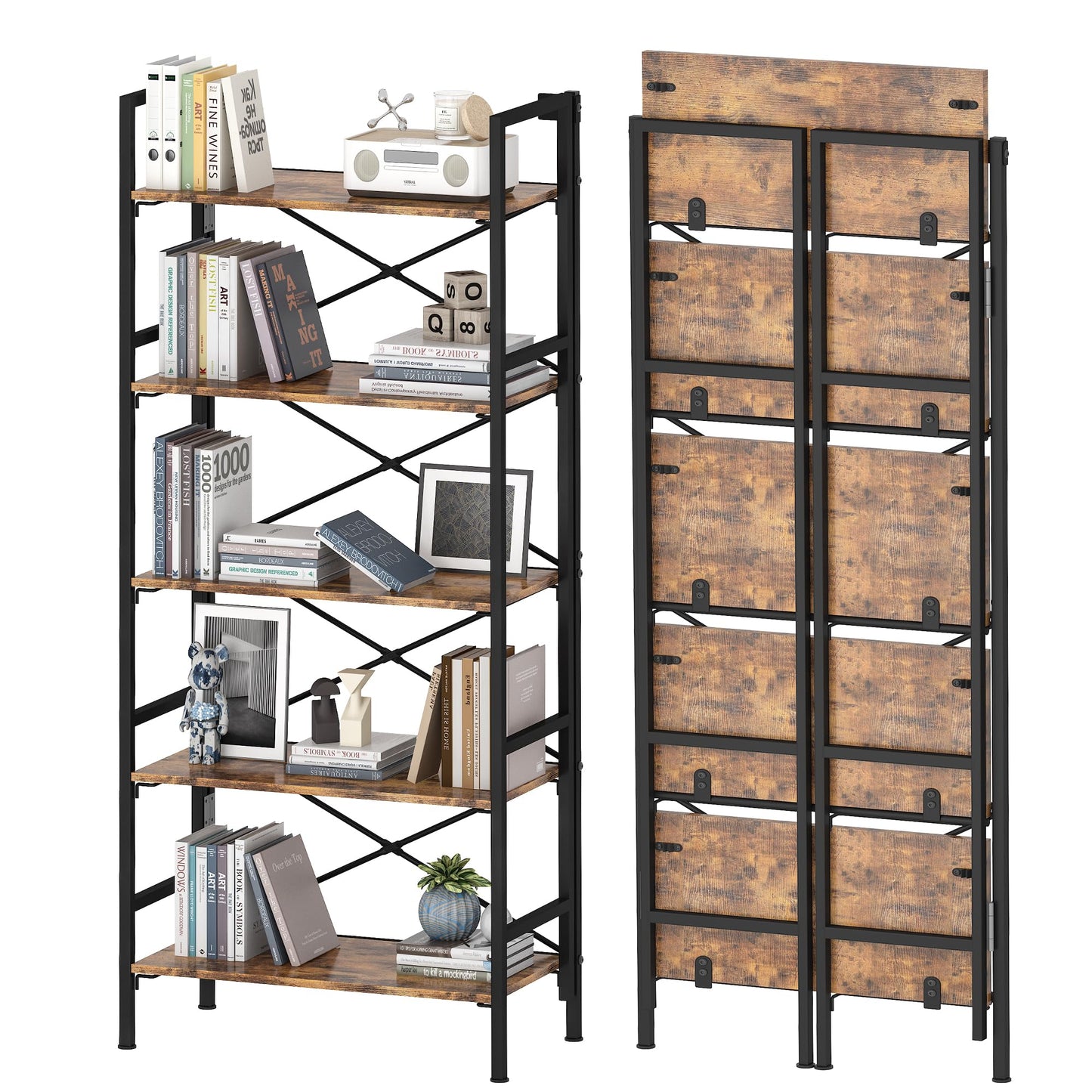 Homeiju Folding Bookshelf,5 Tier Bookcase Foldable Shelf with X-Bracket Design, Adjustable Feet, Space Saving Storage for Living Room, Office, Rustic Brown
