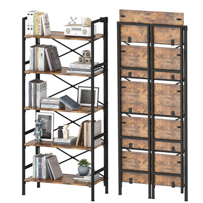 Homeiju Folding Bookshelf,5 Tier Bookcase Foldable Shelf with X-Bracket Design, Adjustable Feet, Space Saving Storage for Living Room, Office, Rustic Brown