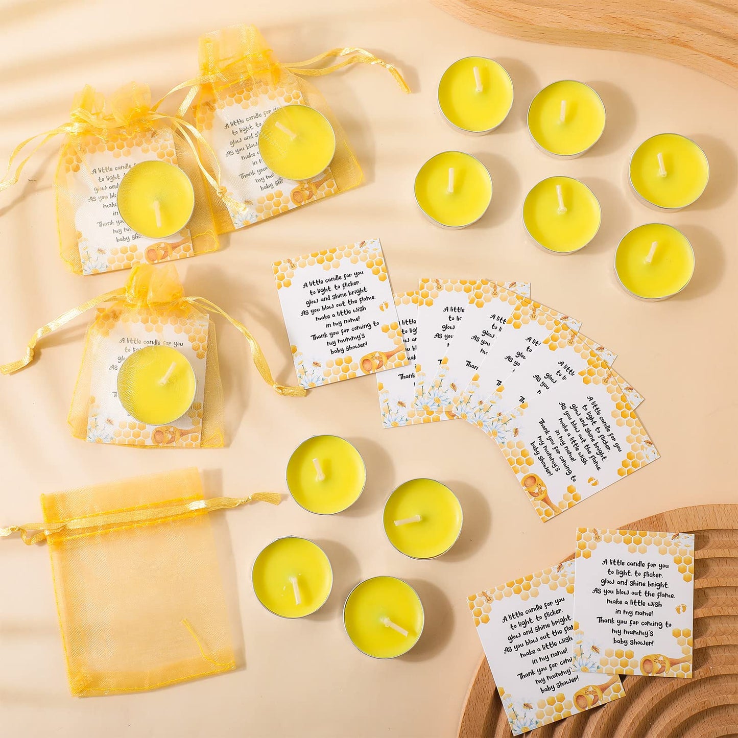 Amyhill Beeswax Tea Light Candle Set - 100 Pieces Unscented Baby Shower Party Favor with Cute Bee Theme - Includes Cards & Organza Bags