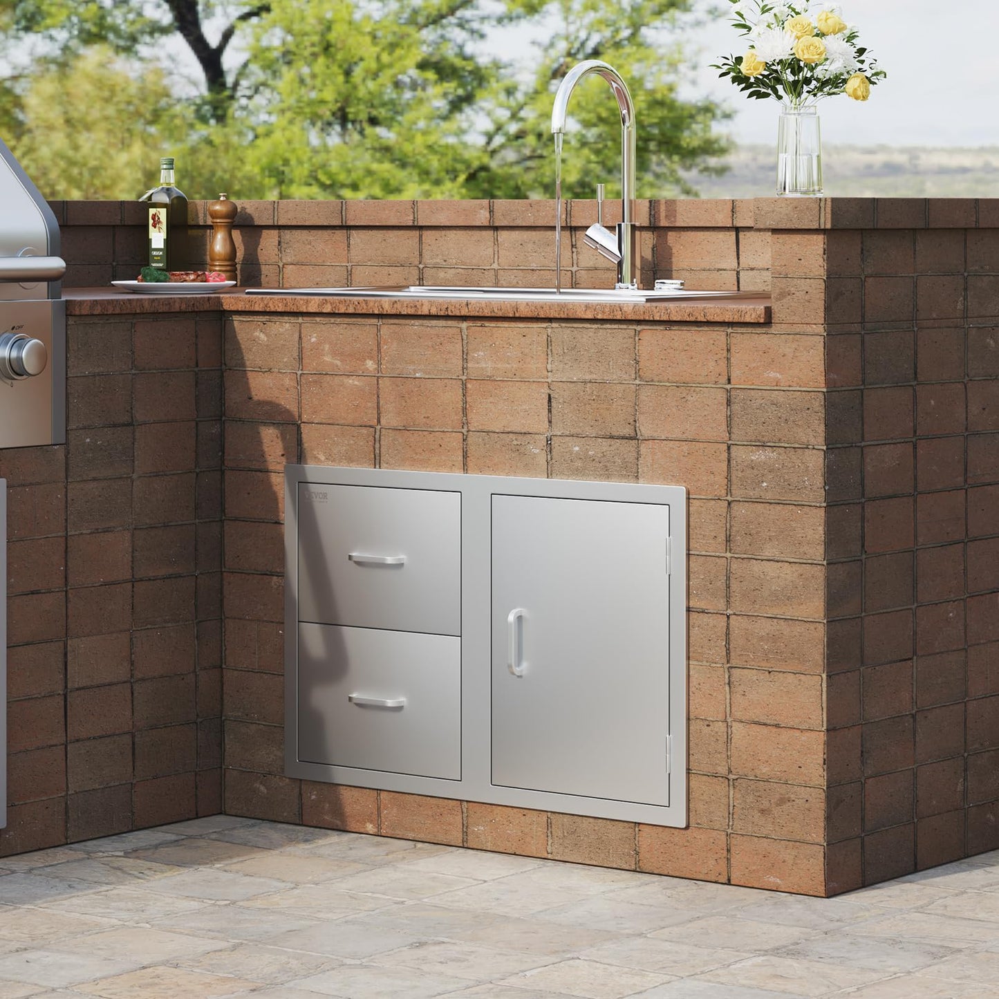 VEVOR Outdoor Kitchen Door Drawer Combo, 32.5"Wx21.7"Hx20.5"D, Access Door Double Drawers with Paper Towel Rack, BBQ Island Drawers with Stainless Steel Handles, 30.7"Wx20"Hx21"D Cutout Size