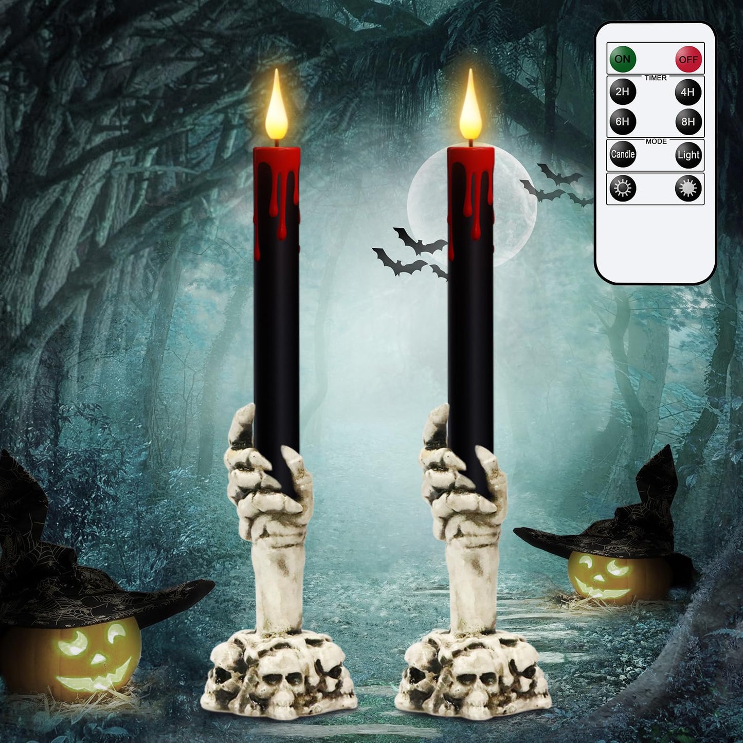 Wondise Halloween Flameless Taper Candles with Remote and Timer, Black Battery Operated Dripping Wax LED Flickering Candles with Skeleton Hand Holders for Halloween Decoration(2 Pack, 3” x 12”)