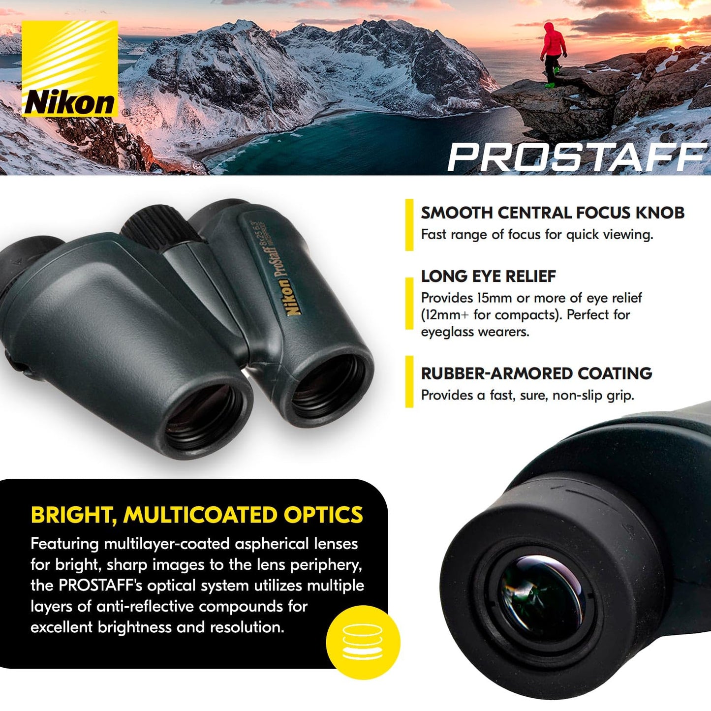 Nikon PROSTAFF 8x25mm ATB All-Terrain Binocular with Long Eye Relief, Bright Multilayer-Coated Lenses, Non-Slip Rubber Exterior - Compact Waterproof Fogproof Nature Observation Binoculars (7483)