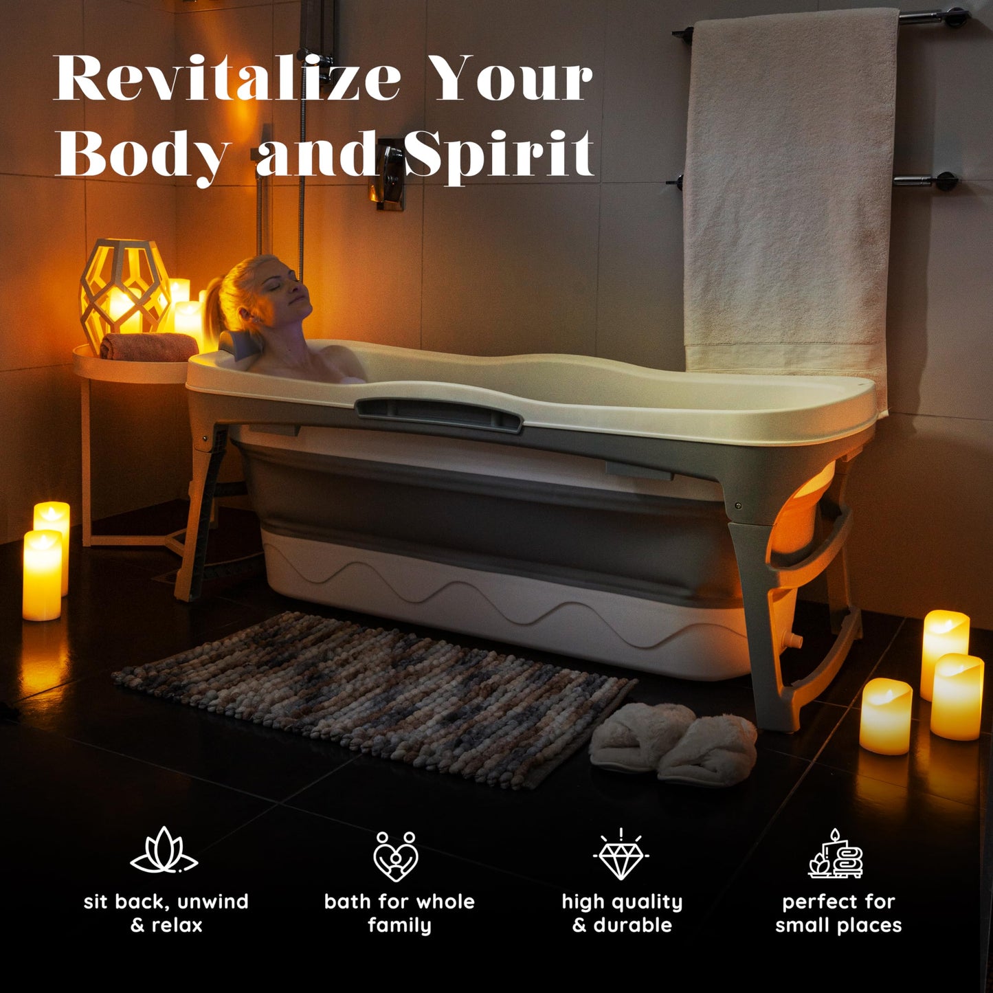 Portable Bathtub for Adult- Extra Large 56" Foldable Collapsible tub. Ergonomically Designed for the Ultimate Relaxing Soaking Bath, Ice Bath. Ideal for Small Spaces, Quick, Effortless Folding Bathtub