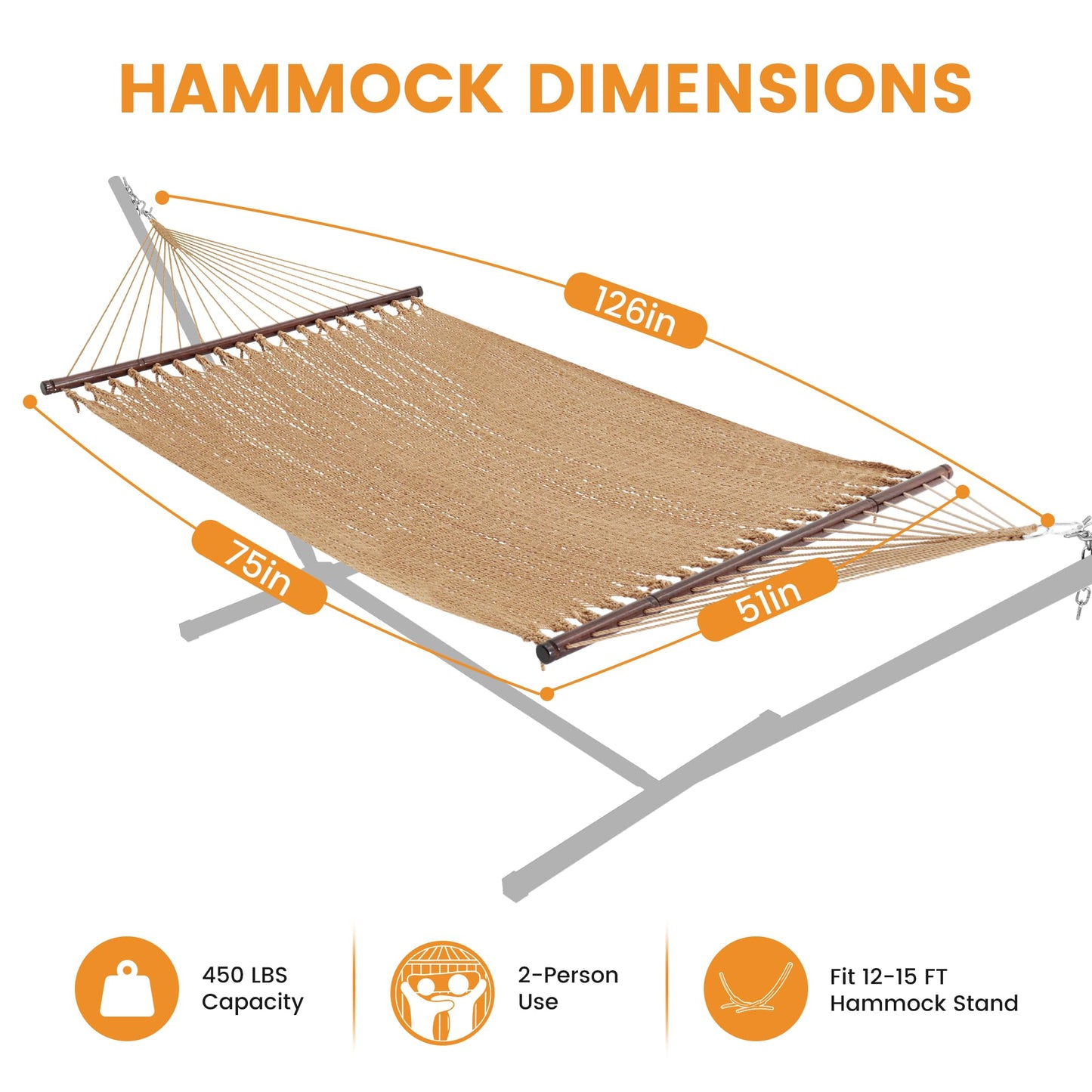 Lazy Daze Hammocks 10.5 FT Double 2 Person Caribbean Rope Hammock, Hand Woven Polyester Hammock with Spreader Bars, for Outside Outdoor Backyard Patio Poolside, 450 LBS Capacity, Tan