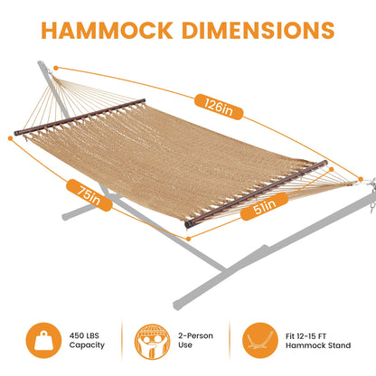 Lazy Daze Hammocks 10.5 FT Double 2 Person Caribbean Rope Hammock, Hand Woven Polyester Hammock with Spreader Bars, for Outside Outdoor Backyard Patio Poolside, 450 LBS Capacity, Tan