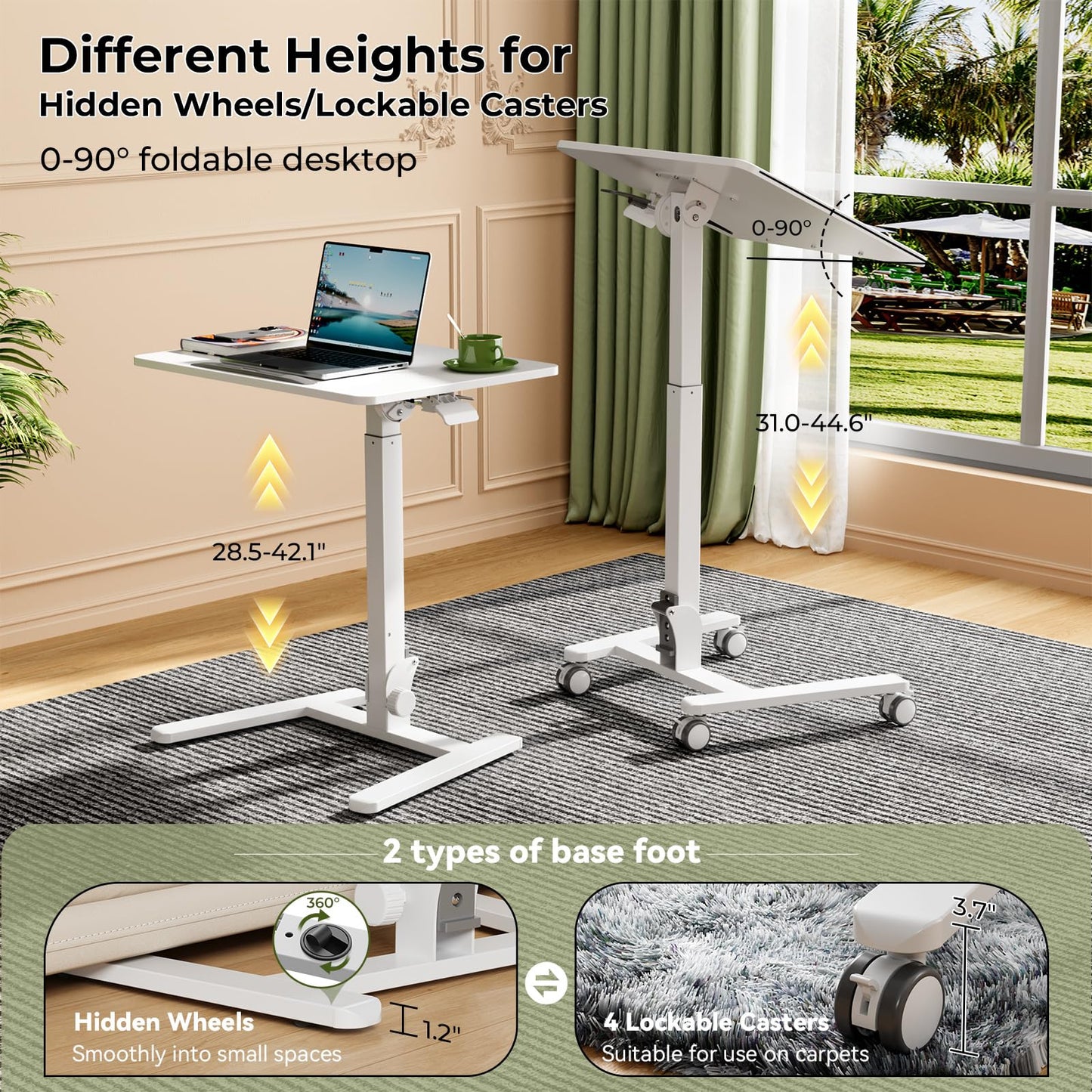 Gibbon Mounts Foldable Standing Desk，Small Mobile Sit-Stand Desk with 90 Tiltable Top，Rolling Rising Laptop Workstation Adjustable Height，Portable Table on Hidden Wheels/4 Lockable Casters，White