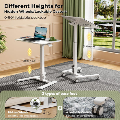 Gibbon Mounts Foldable Standing Desk，Small Mobile Sit-Stand Desk with 90 Tiltable Top，Rolling Rising Laptop Workstation Adjustable Height，Portable Table on Hidden Wheels/4 Lockable Casters，White
