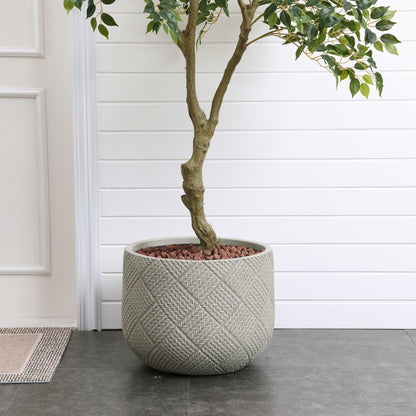 LuxenHome 17.5-Inch Dia Round Concrete Planters, Large Outdoor Indoor Decorative Plant Pots with Drainage Holes and Rubber Plug, Modern Gray Glen Woven Pattern Flower Pot Planter for Home Garden Patio