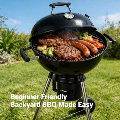 18-Inch Kettle Charcoal Grill with Lid & Wheels, Beginner-Friendly BBQ Grill for Backyard, Patio & Family Cookouts, Easy-to-Use Outdoor Charcoal Grill with Ash Catcher