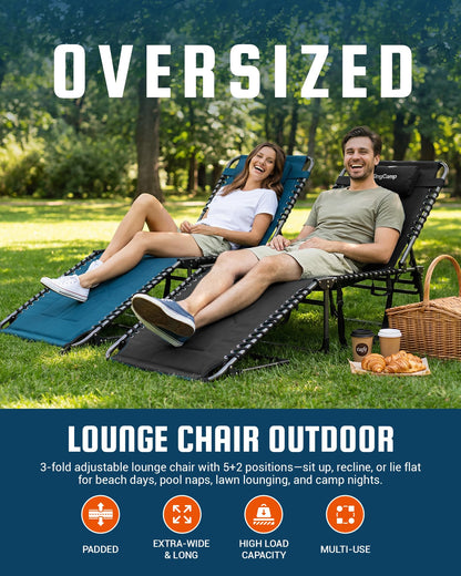 KingCamp Oversized Tanning Chair, Extra-Wide Padded Folding Chase Lounge Chairs Portable Adjustable 5-Position 440lbs Heavy Duty Lounger with Double-Layer Oxford for Outdoor Beach Patio Sun Pool Black