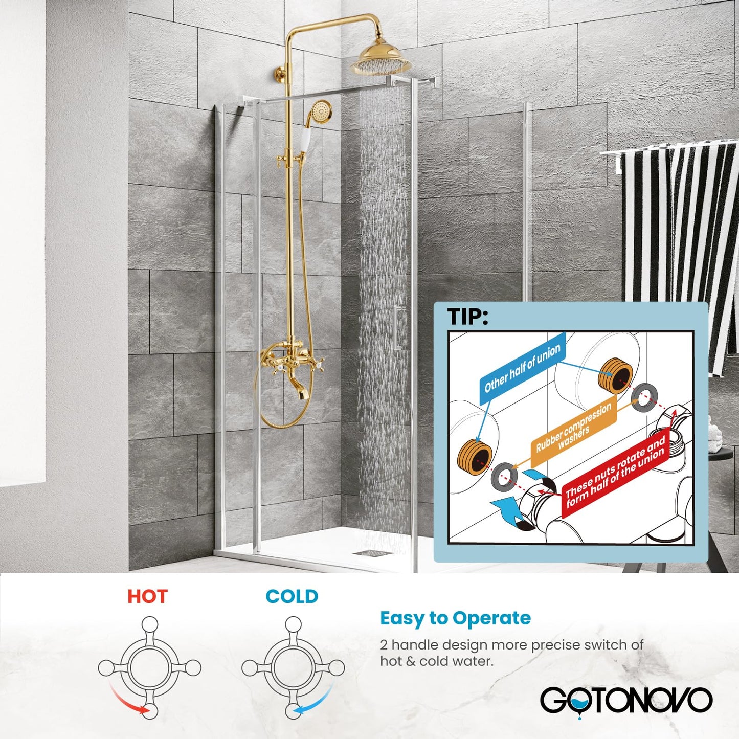 gotonovo Bathroom Exposed Shower Faucet Outdoor Shower System 8 Inch Rainfall Shower Head Set with Tub Spout and Handheld Spray Double Cross Handles Wall Mount without Shower Shelf Polished Gold